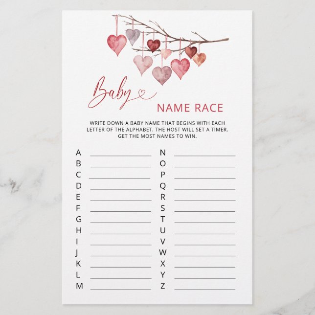 Sweetheart Valentines Baby Name Race Game (Front)