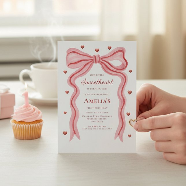 Sweetheart Watercolor Bow First Birthday QR Code I Invitation (Creator Uploaded)