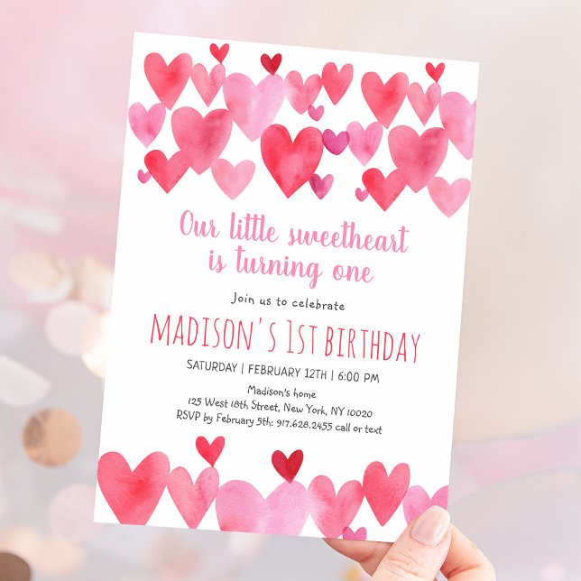 Sweetheart Watercolor Hearts First Birthday Invitation (Creator Uploaded)