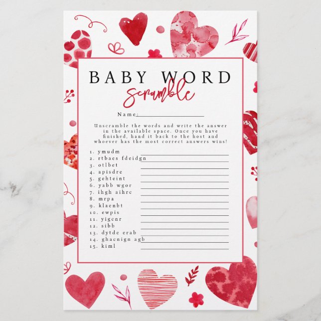 Sweetheart 'Word Scramble' Baby Shower Game (Front)
