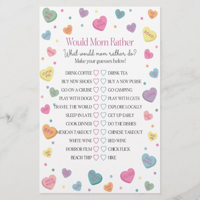 Sweetheart Would Mum Rather Baby Shower Game (Front)