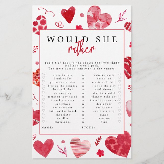Sweetheart Would She Rather Baby Shower Game (Front)