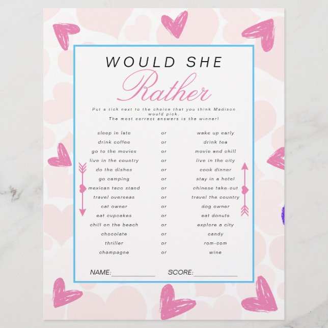 Sweetheart Would She Rather Baby Shower Game Flyer (Front)
