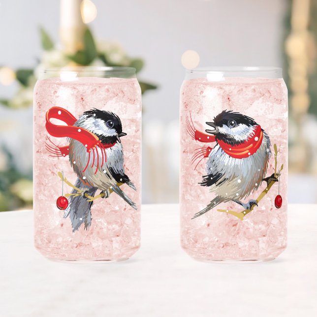 Sweethearts Couple Snowy Winter Chickadees  Can Glass (Insitu (Wedding))