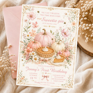 sweetie pie fall birthday pumpkin pink bow cake invitation