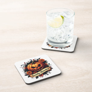 Sweetly Haunted Vintage Pumpkin Floral Halloween Coaster