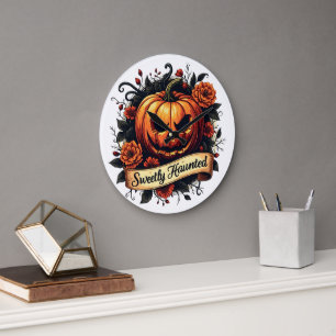 Sweetly Haunted Vintage Pumpkin   Floral Halloween Large Clock