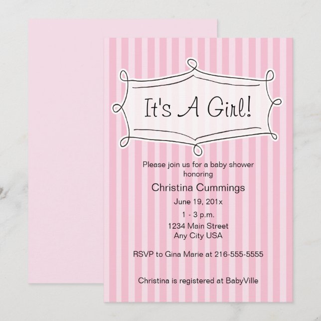 Sweetly Striped Baby Shower Invitation (Pink) (Front/Back)