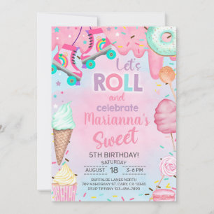 Sweets, Candy and Roller Skating girl birthday. Invitation