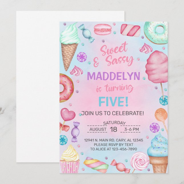 Sweets, candy, ANY AGE girl birthday invitation. Invitation (Front/Back)