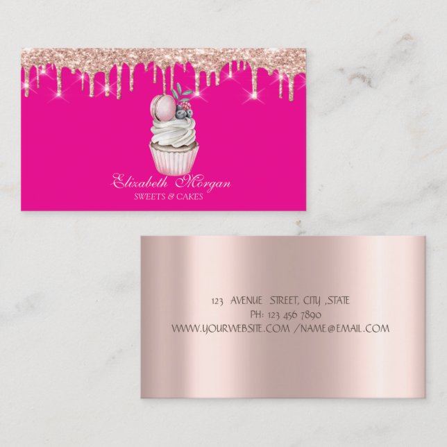 Sweets Cupcake Macaron Rose Gold Drips Pink Business Card (Front/Back)