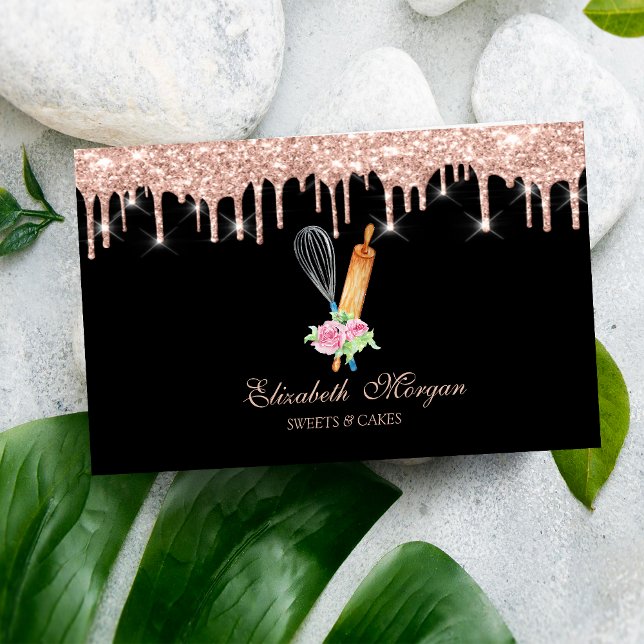 Sweets Cupcake Rose Gold Drips Bakery Black Business Card (Creator Uploaded)