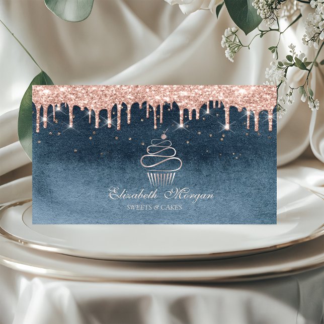 Sweets Cupcake Rose Gold Drips Diamonds Blue  Business Card (Creator Uploaded)