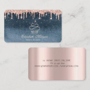 Sweets Cupcake Rose Gold Drips Diamonds Blue Business Card