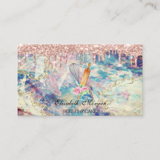 Sweets Cupcake Rose Gold Drips Holographic Opal  Business Card (Front)