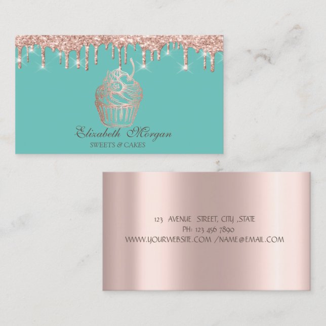 Sweets Cupcake Rose Gold Drips Mint Green Bakery  Business Card (Front/Back)