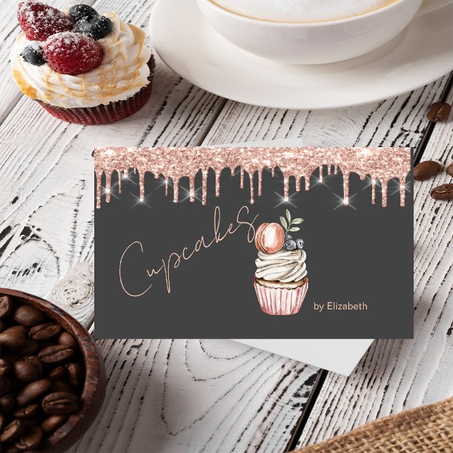  Sweets Cupcakes Macaron Rose Gold Drips Grey Business Card (Creator Uploaded)