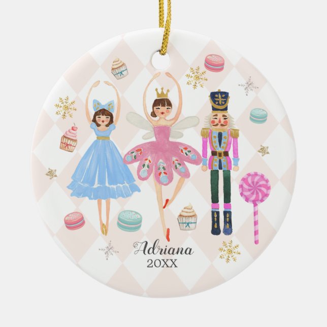 Sweets Personalised Nutcracker Macaroon Ceramic Tree Decoration (Front)
