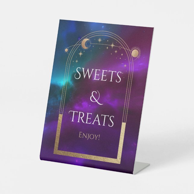 Sweets & Treats Cosmic Purple Sun Moon Wedding Pedestal Sign (Front)