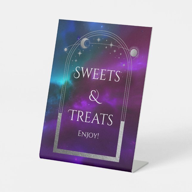 Sweets & Treats Cosmic Purple Sun Moon Wedding Pedestal Sign (Front)