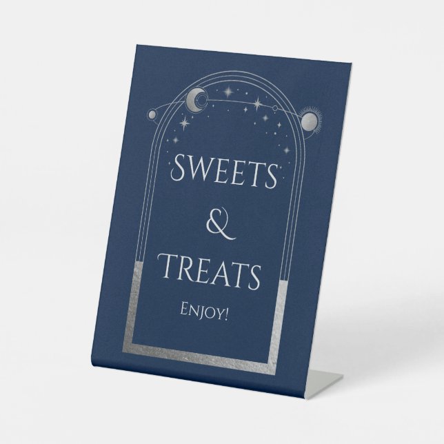 Sweets & Treats Mystical Blue Celestial Wedding Pedestal Sign (Front)