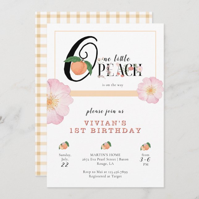 Sweety Little Peach 1st Birthday Invitation (Front/Back)