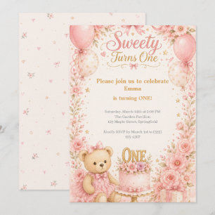 Sweety Turns One Pink Gold Girl Invitation