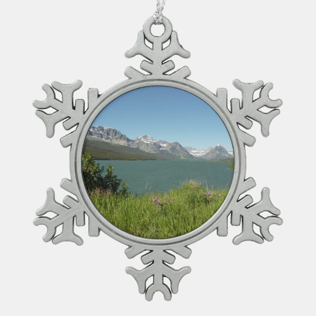 Swiftcurrent Lake View at Glacier National Park Snowflake Pewter Christmas Ornament (Front)