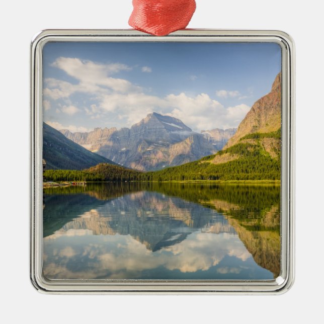 Swiftcurrent Lake with Many Glacier hotel and Metal Tree Decoration (Front)