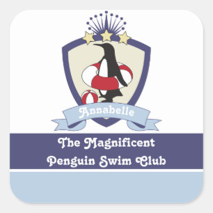 Swim Club Crest Cute Cartoon Penguin Kids Name Square Sticker
