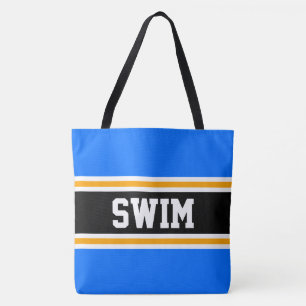 SWIM Fun Athletic Bright Blue Black Yellow Stripes Tote Bag