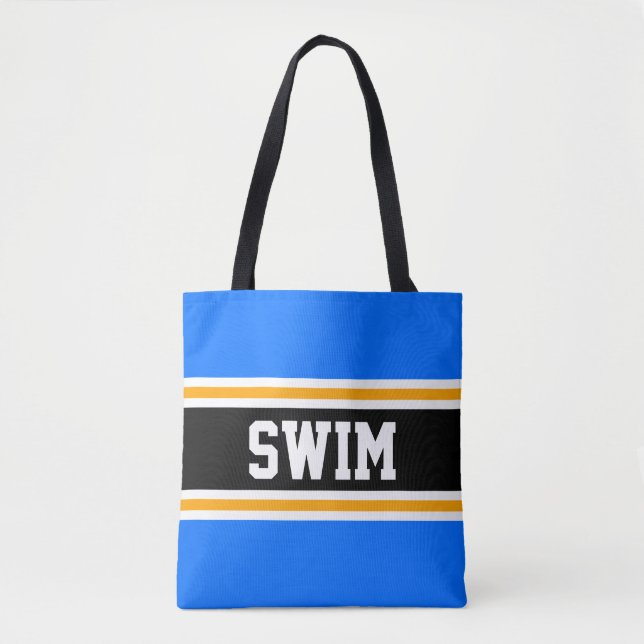 SWIM Fun Athletic Bright Blue Black Yellow Stripes Tote Bag (Front)