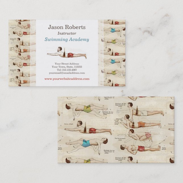 Swim School Swimming Teacher Vintage French Business Card (Front/Back)
