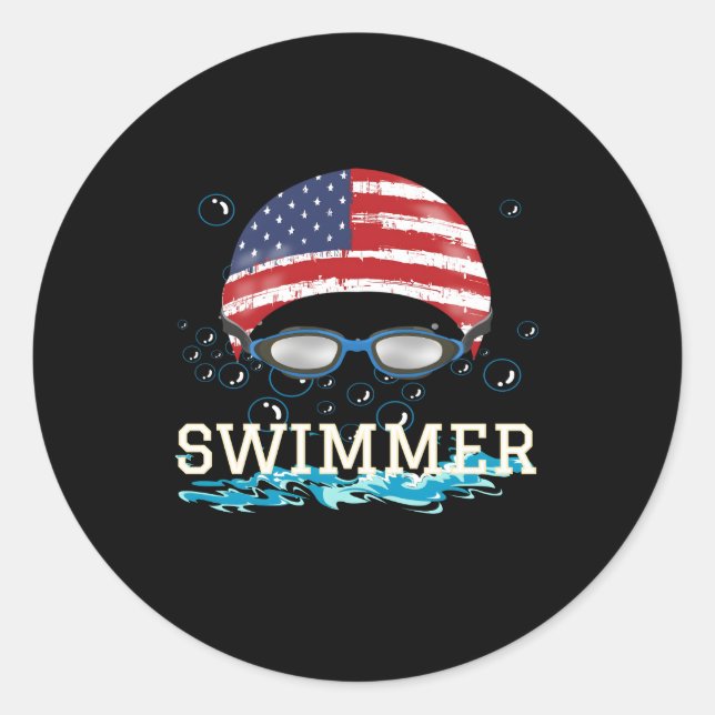 Swim Swimmer Swimming Sports Usa Flag Cap Classic Round Sticker (Front)