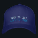 Swim to live, live to swim embroidered hat<br><div class="desc">Show your love of swimming with this slogan swimming hat embroidered hat. Reads Swim to Live,  live to Swim. Great gift for swimmers and swim coaches.</div>