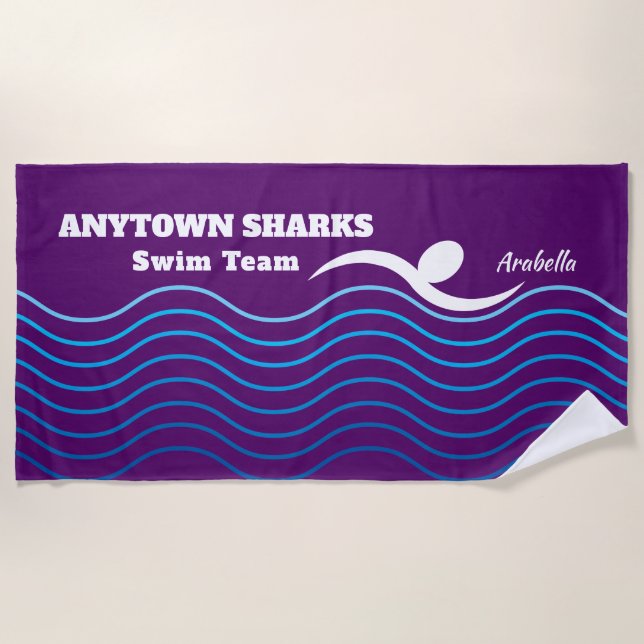 Swimmer and Water Waves | Purple Swim Team Beach Towel (Front)