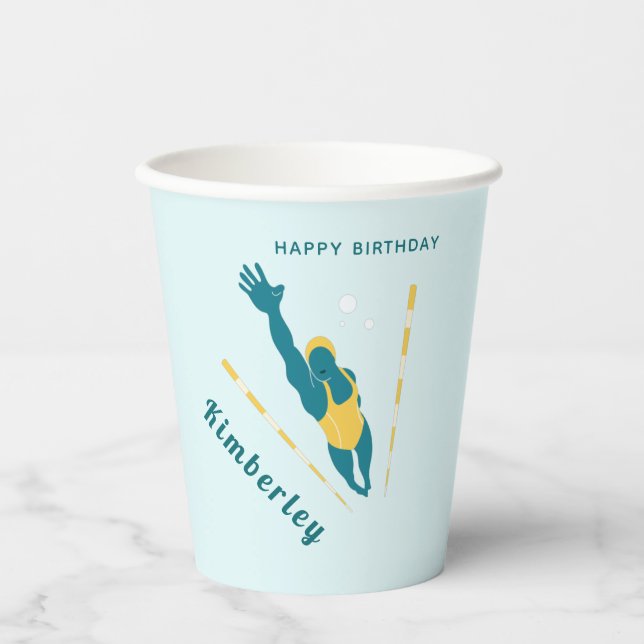 Swimmer Birthday Party Swimming Name Sports Water  Paper Cups (Front)