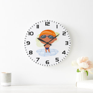 Swimmer Boy in Goggles and Swim Cap Large Clock