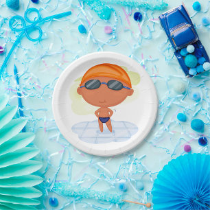 Swimmer Boy in Goggles and Swim Cap Paper Plate