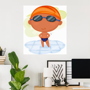 Swimmer Boy in Goggles and Swim Cap Poster