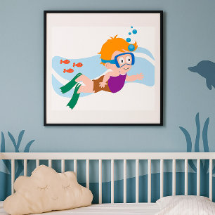 Swimmer Boy in Goggles and Swim Cap Poster