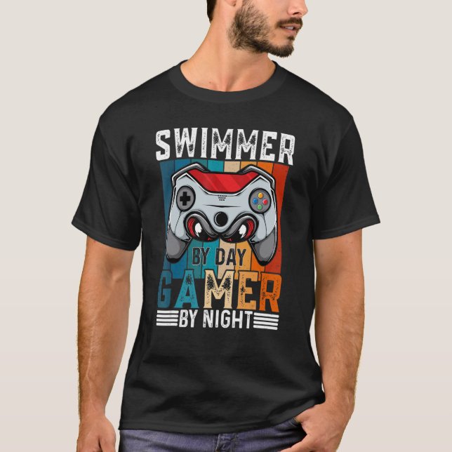 SWIMMER By Day Gamer By Night Meme For Gamers T-Shirt (Front)