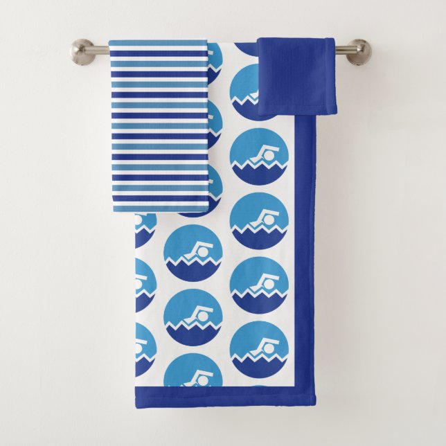 Swimmer pictogram icon, blue stripes swimming bath towel set (Insitu)