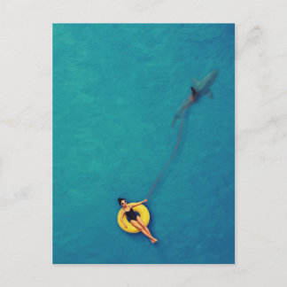 Swimmer Walking a Shark in the Ocean Postcard