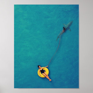 Swimmer Walking a Shark in the Ocean Poster