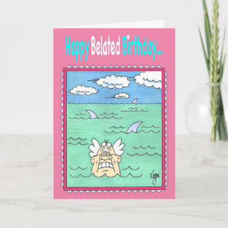 SWIMMER WITH SHARKS Belated Birthday Card