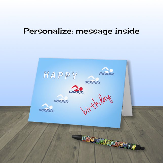 Swimmers happy birthday blue sports card (Creator Uploaded)