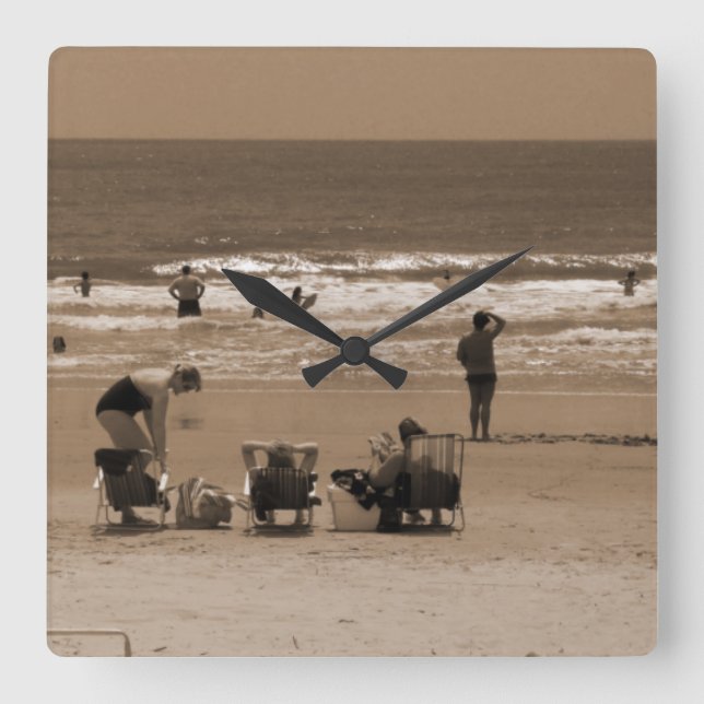 Swimmers on Beach epia-tinted Photograph Square Wall Clock (Front)