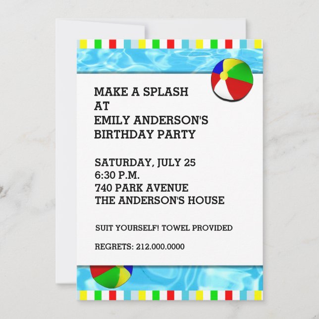 swimming birthday party invitations (Front)