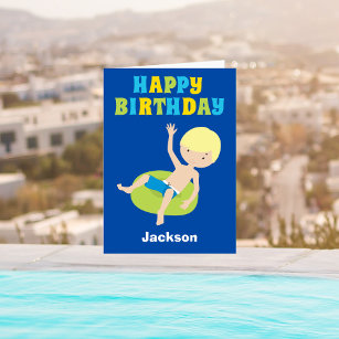 Swimming Blonde Boy Custom Kids Happy Birthday Card